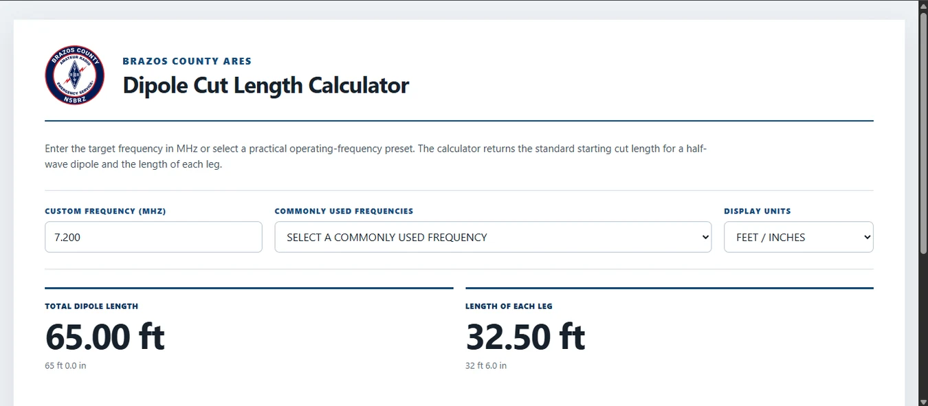 Dipole Cut Length Calculator interface